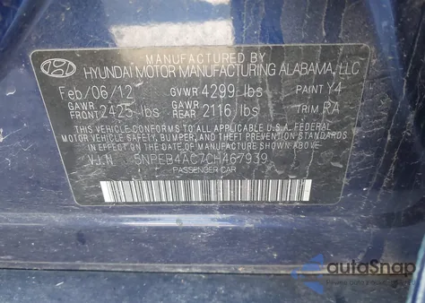 2012 Hyundai Sonata Gls z USA, uszkodzony, nr VIN 5NPEB4AC7CH467939